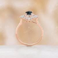 Oval Teal Sapphire Uniuqe Art Deco Baguette Halo Engagement Ring Pave Band