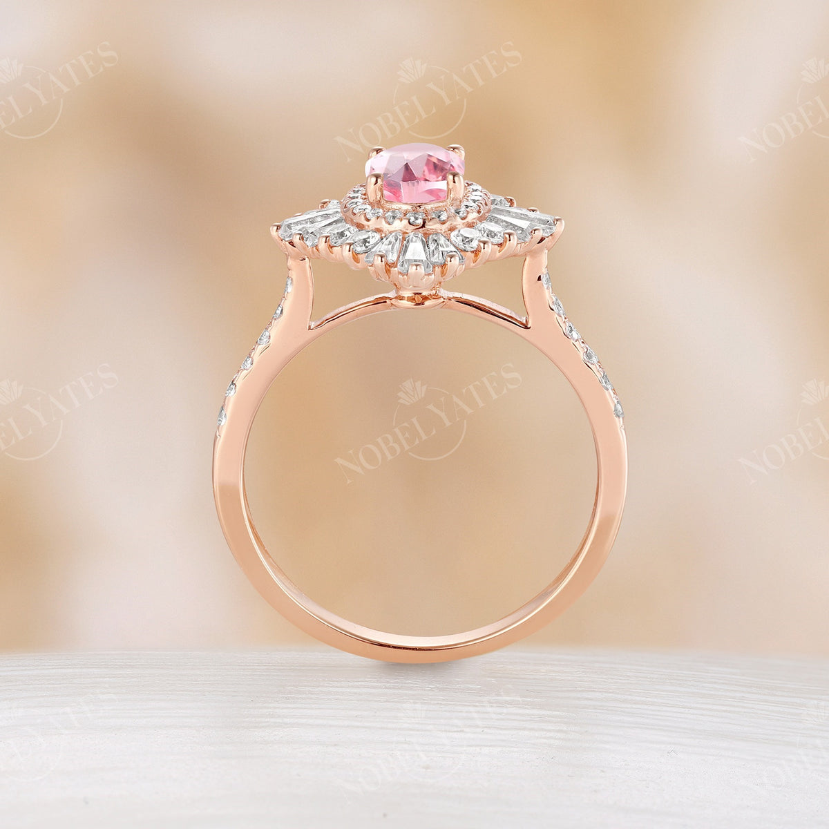 Pink Lab Grown Padparadscha Art Deco Engagement Ring Baguette Halo
