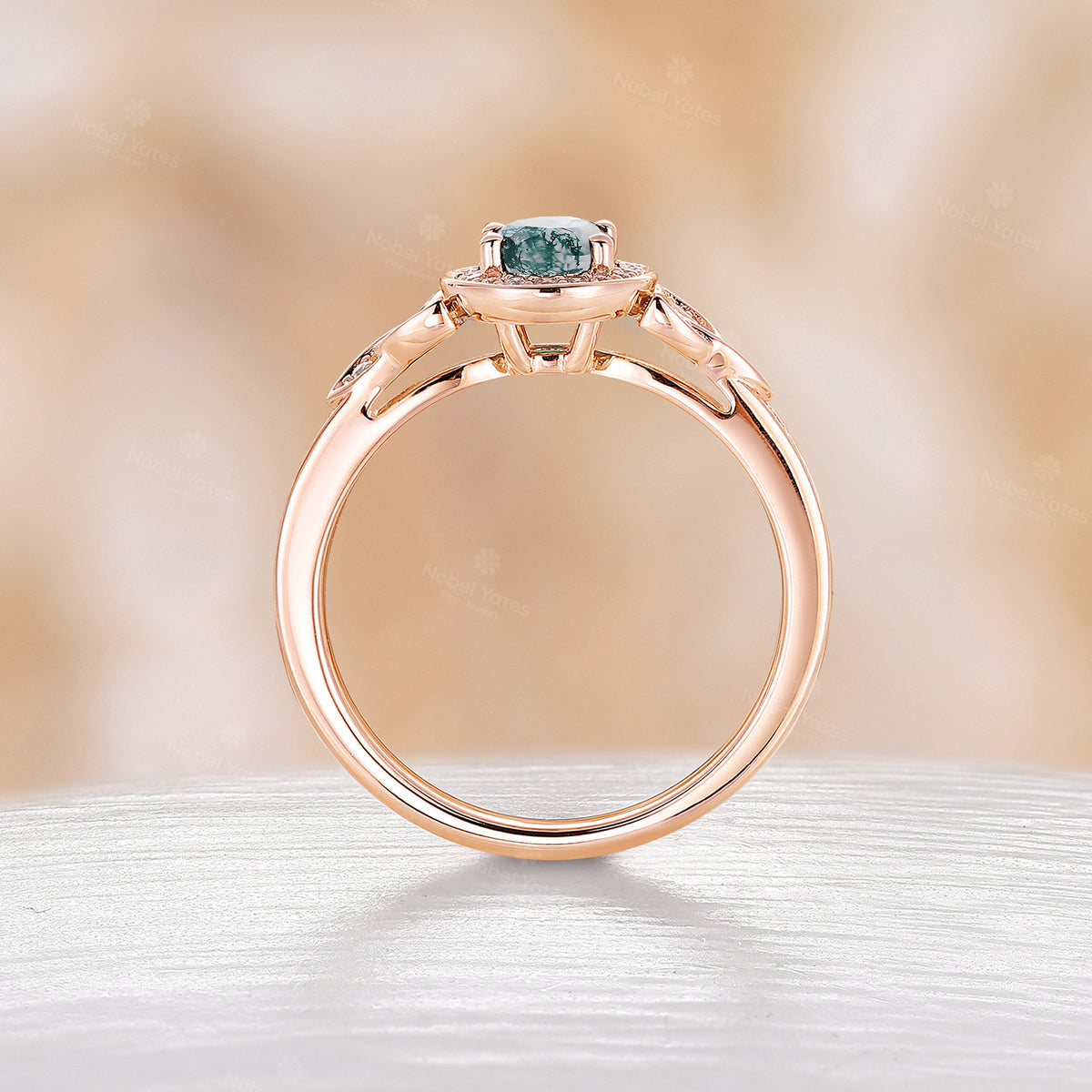 Antique Oval Moss Agate Halo Celtic Engagement Ring Rose Gold