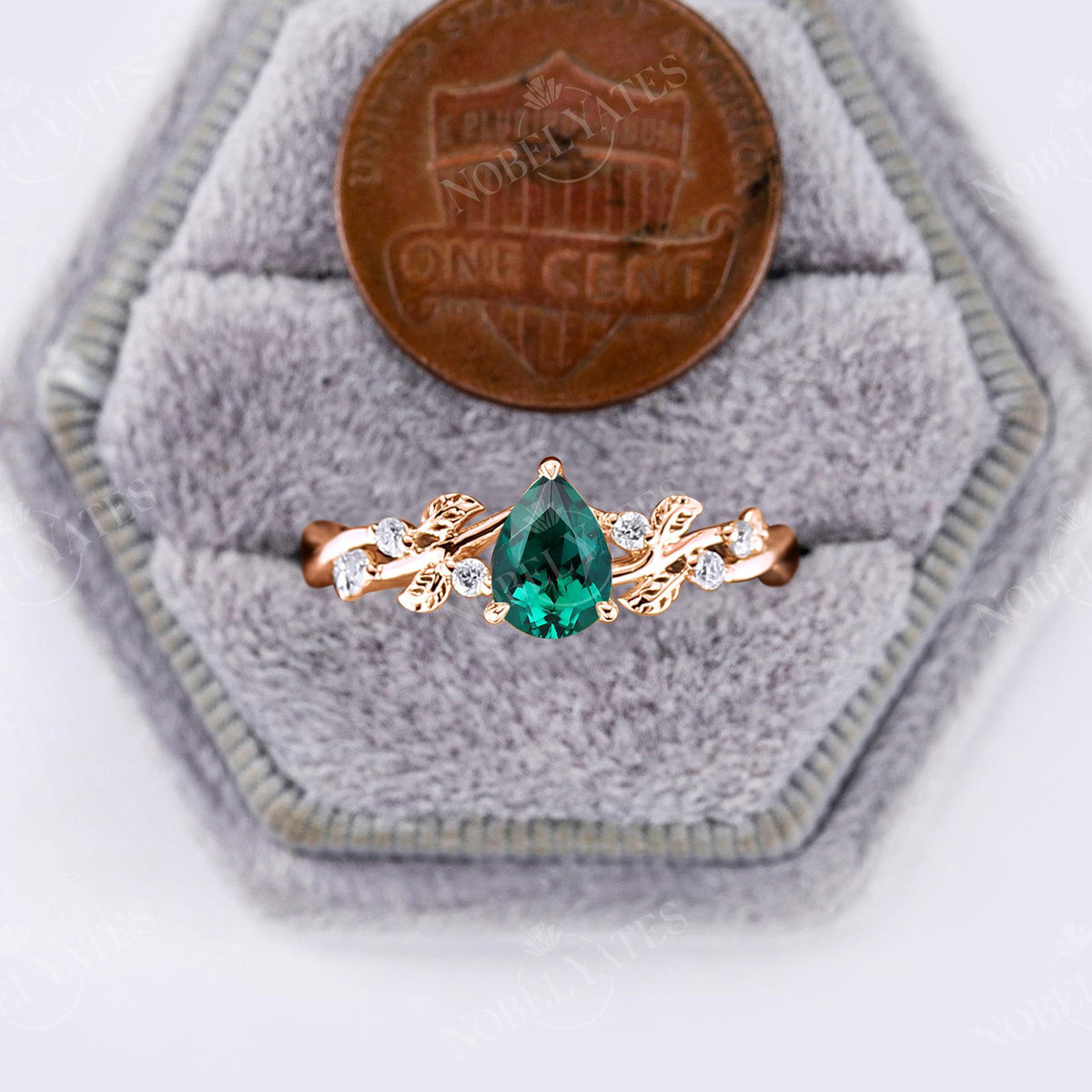 Nature Inspired Pear Lab Emerald Engagement Ring Leaf Design Rose Gold