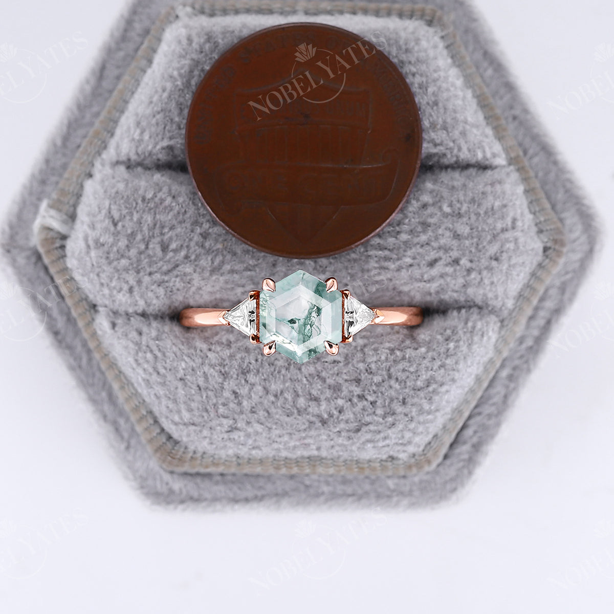 Hexagon Moss Agate Three Stones Engagement Ring Rose Gold