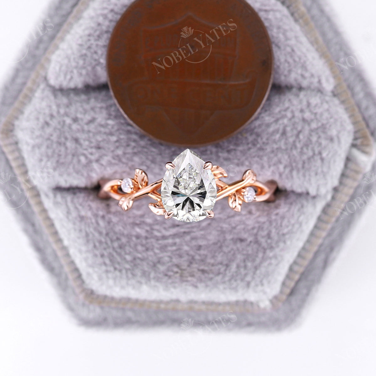 Pear Moissanite Leaf Style Engagement Ring Rose Gold