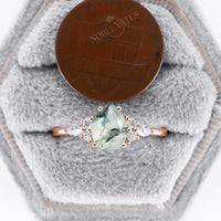 Pear Moss Agate Rose Gold Cluster Moissanite Engagement Ring