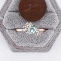 Unique Hexagon Moss Agate Cluster Engagement Ring Rose Gold