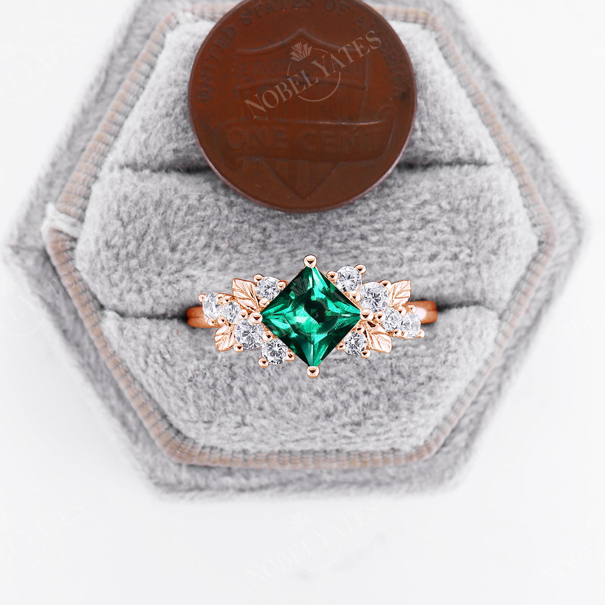 Princess Cut Lab Emerald Nature Cluster Engagement Ring