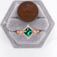 Lab Emerald Princess Cut Engagement Ring Celtic Rose Gold