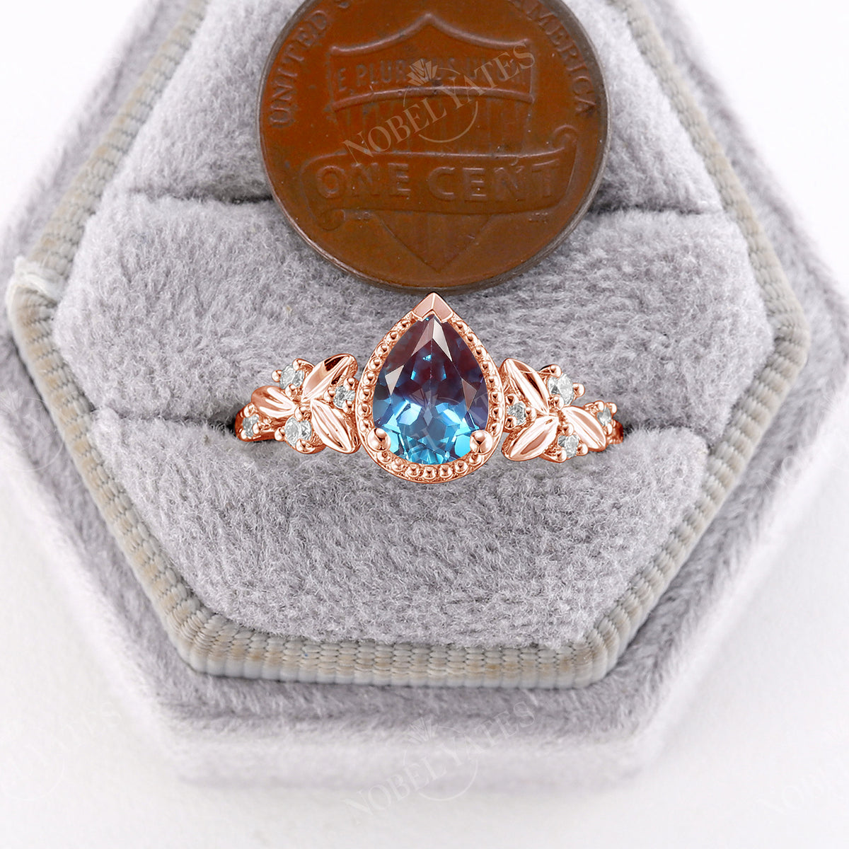 Lab Alexandrite Pear Shape Engagement Ring Leaf And Moissanite Band