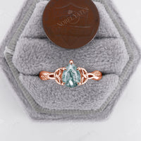 Celtic Knot Moss Agate Pear Shape Rose Gold Twist Ring