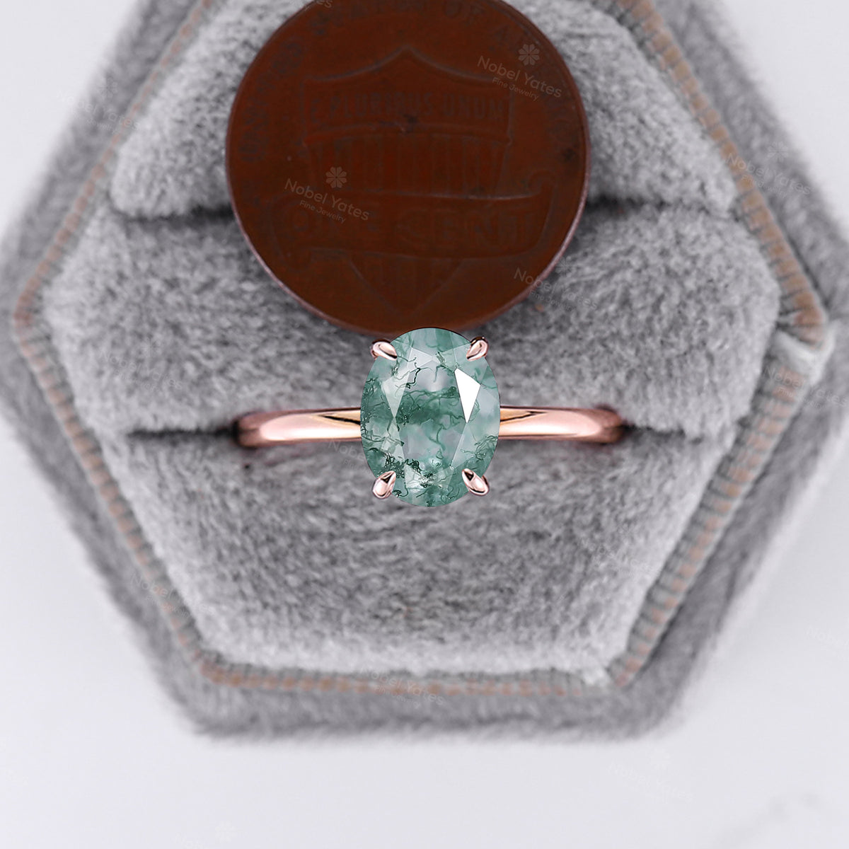 Oval Shape Solitaire Moss Agate Engagement Ring Prong Set Classic