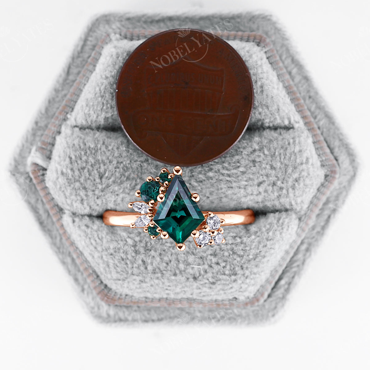 Kite Cut Lab Emerald Cluster Engagement Ring Rose Gold