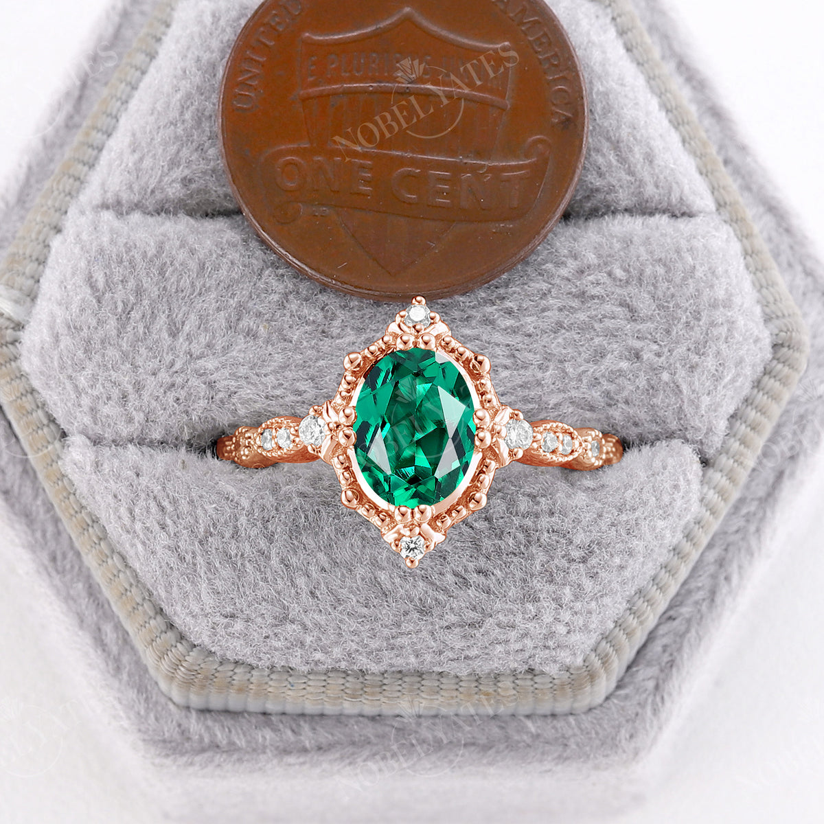 Rose Gold Lab Emerald Vintage Engagement Ring Milgrain Band