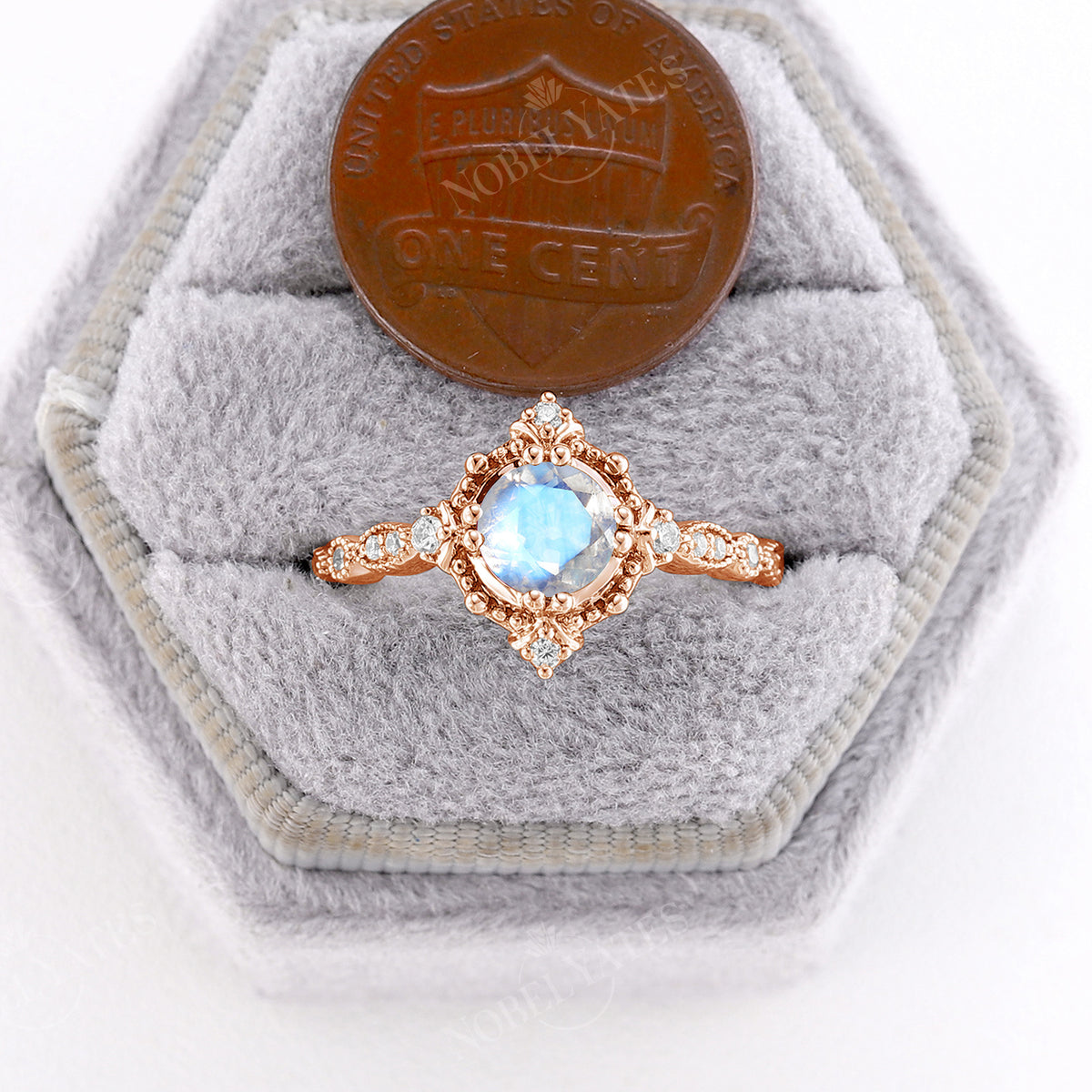 Vintage Blue Moonstone Engagement Ring Rose Gold Milgrain Band