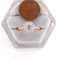 Vintage Round Moissanite Halo Engagement Ring Side Stone Rose Gold