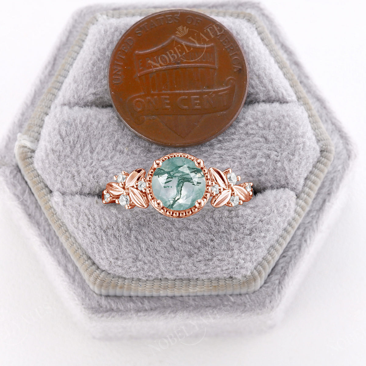 Round Moss Agate Nature Leaf Design Engagement Ring Rose Gold