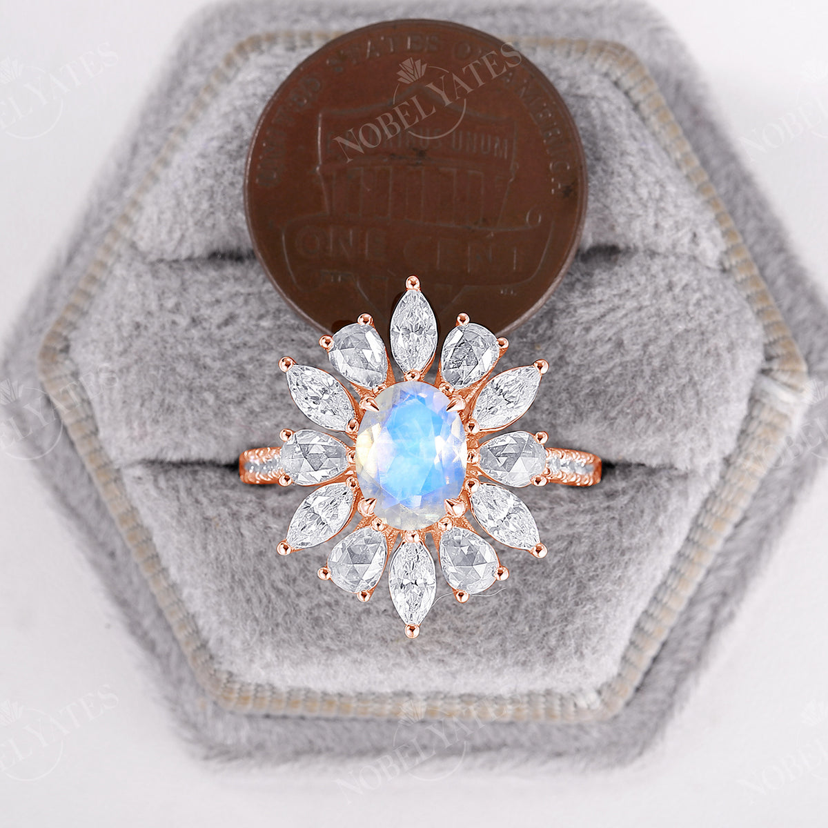 Blue Moonstone Engagement Ring Unique Rose Cut Moissanite Halo Rose Gold
