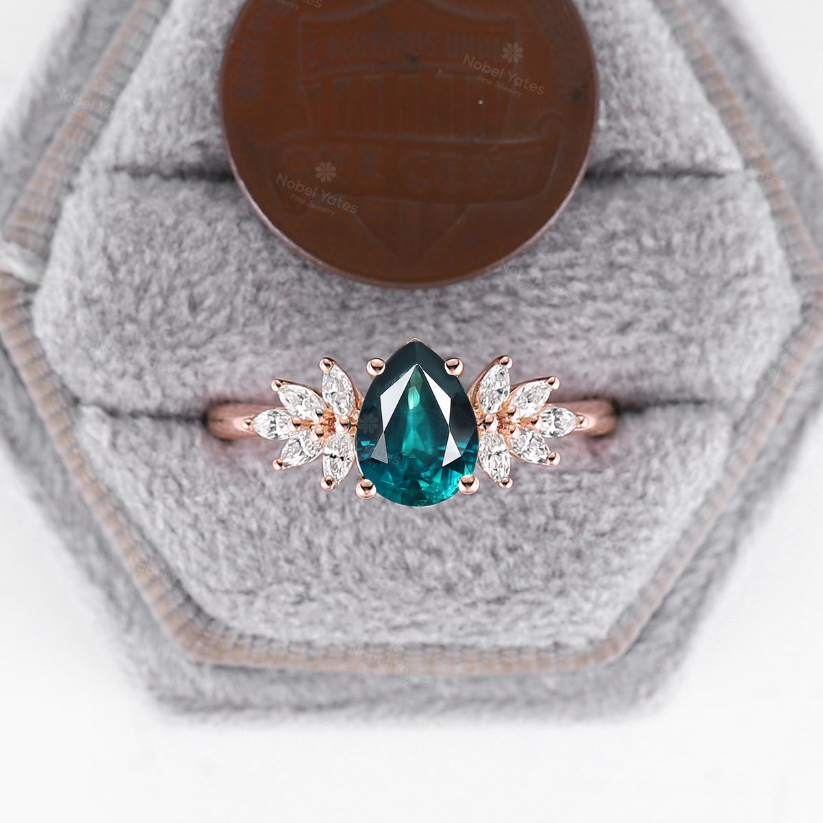 Teal Sapphire & Moissanite Rose Gold Marquise Cluster Engagement Ring