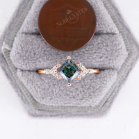 Princess cut Green Moissanite Cluster Engagement Ring Rose Gold