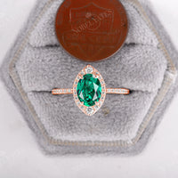 Lab Emerald Yellow Gold Engagement Ring Moissanite Halo Pave