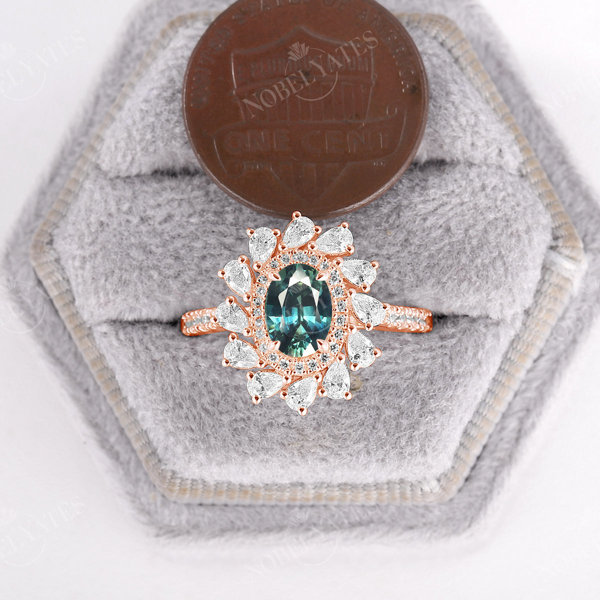 Moissanite Halo Teal Sapphire Vintage Engagement Ring Rose Gold