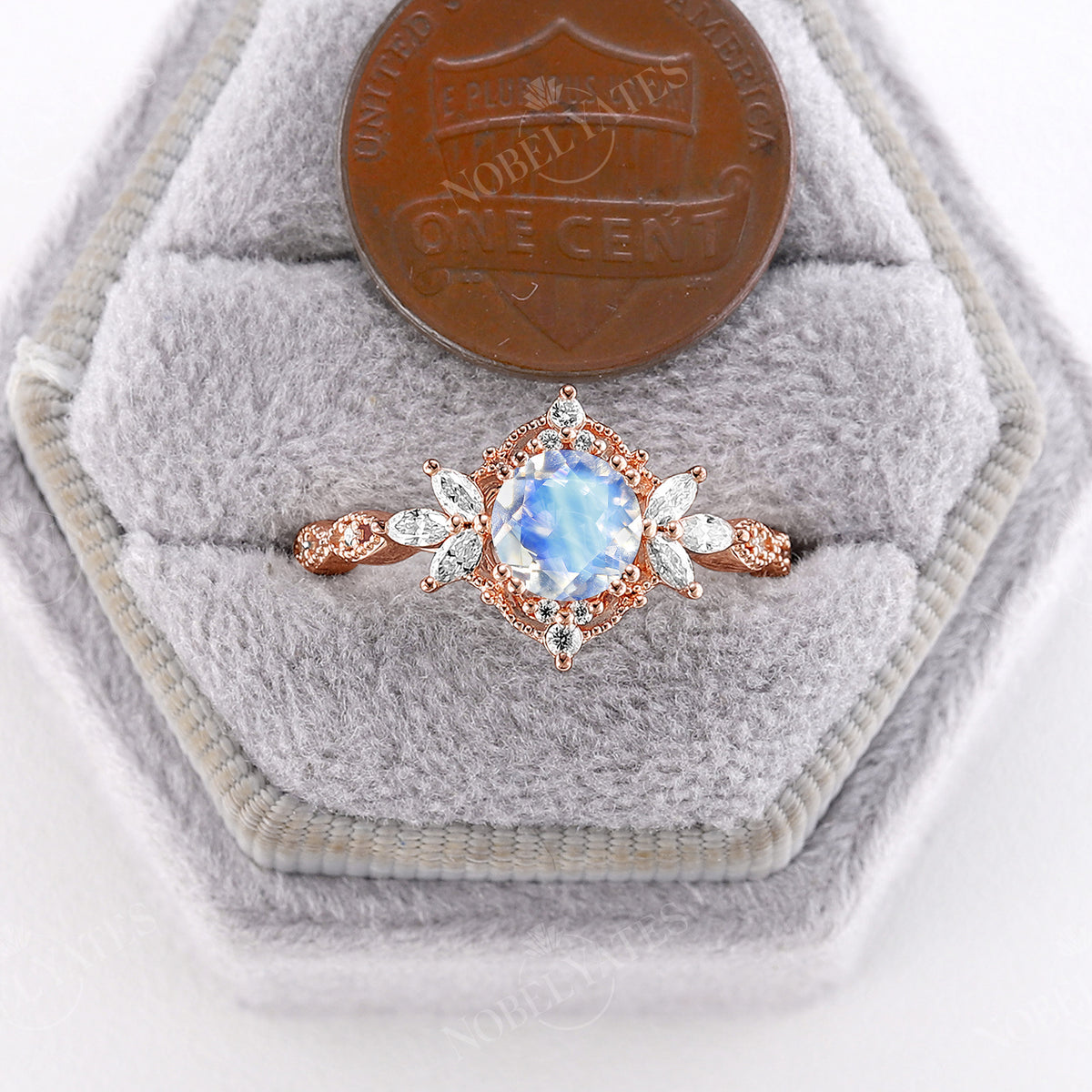 Blue Moonstone Vintage Milgrain Rose Gold Engagement Ring