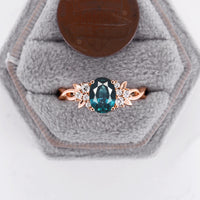 Nature Inspired Teal Sapphire Twist Rose Gold Engagement Ring Moissanite Cluster