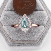 Pear Shape Moss Agate Engagement Ring Art deco Halo Rose Gold