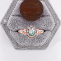 Antique Oval Moss Agate Halo Celtic Engagement Ring Rose Gold