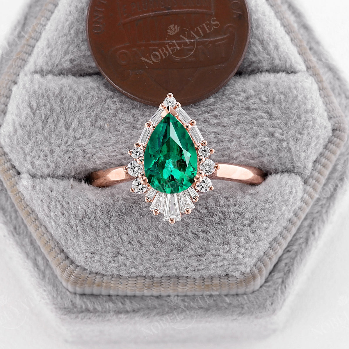 Baguette Art deco Halo Lab Emerald Engagement Ring Pear Cut