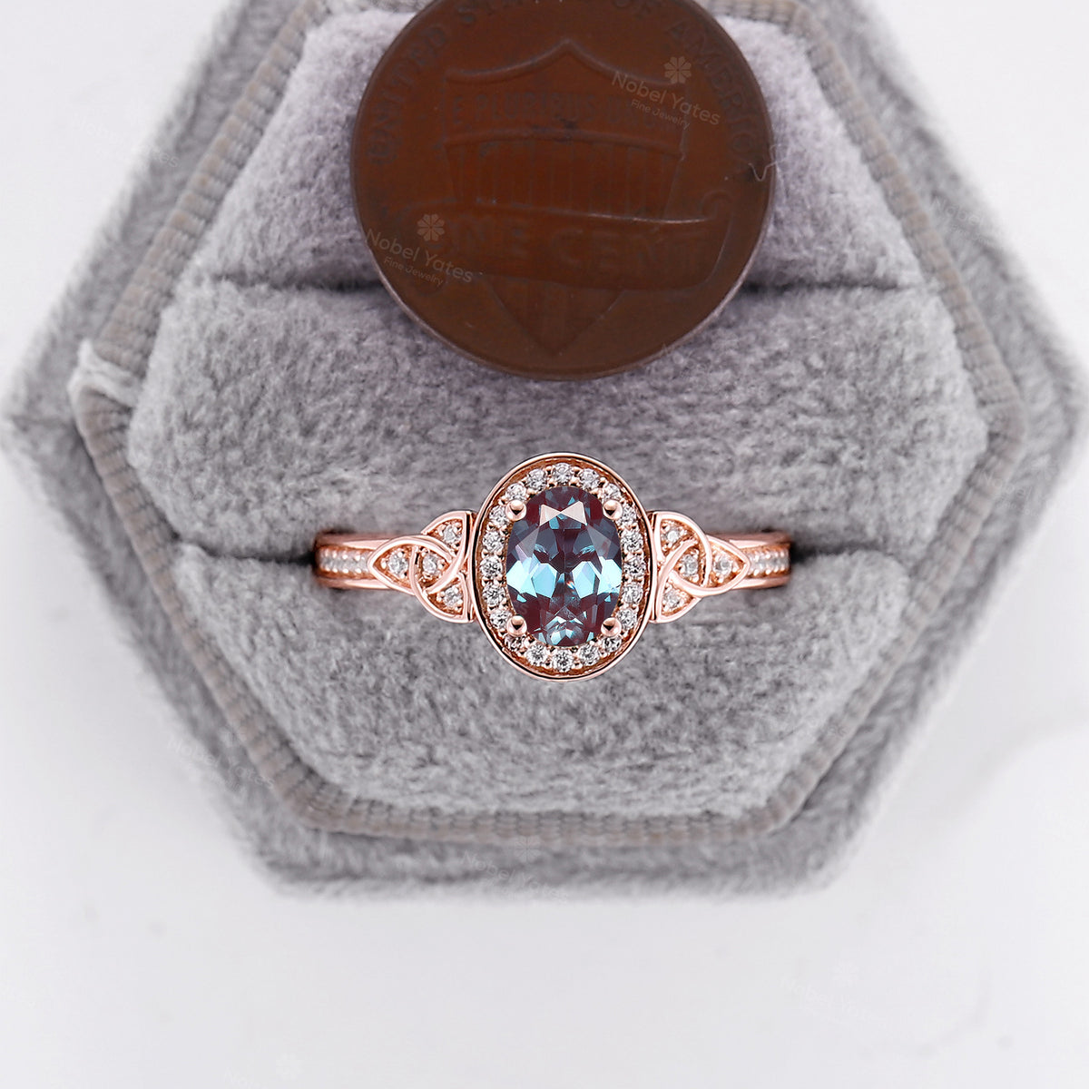 Oval Shape Lab Alexandrite Halo Celtic Knot Engagement Ring Rose Gold