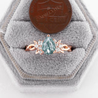 Pear Cut Moss Agate Leaf Moissanite Cluster Engagement Ring Twist