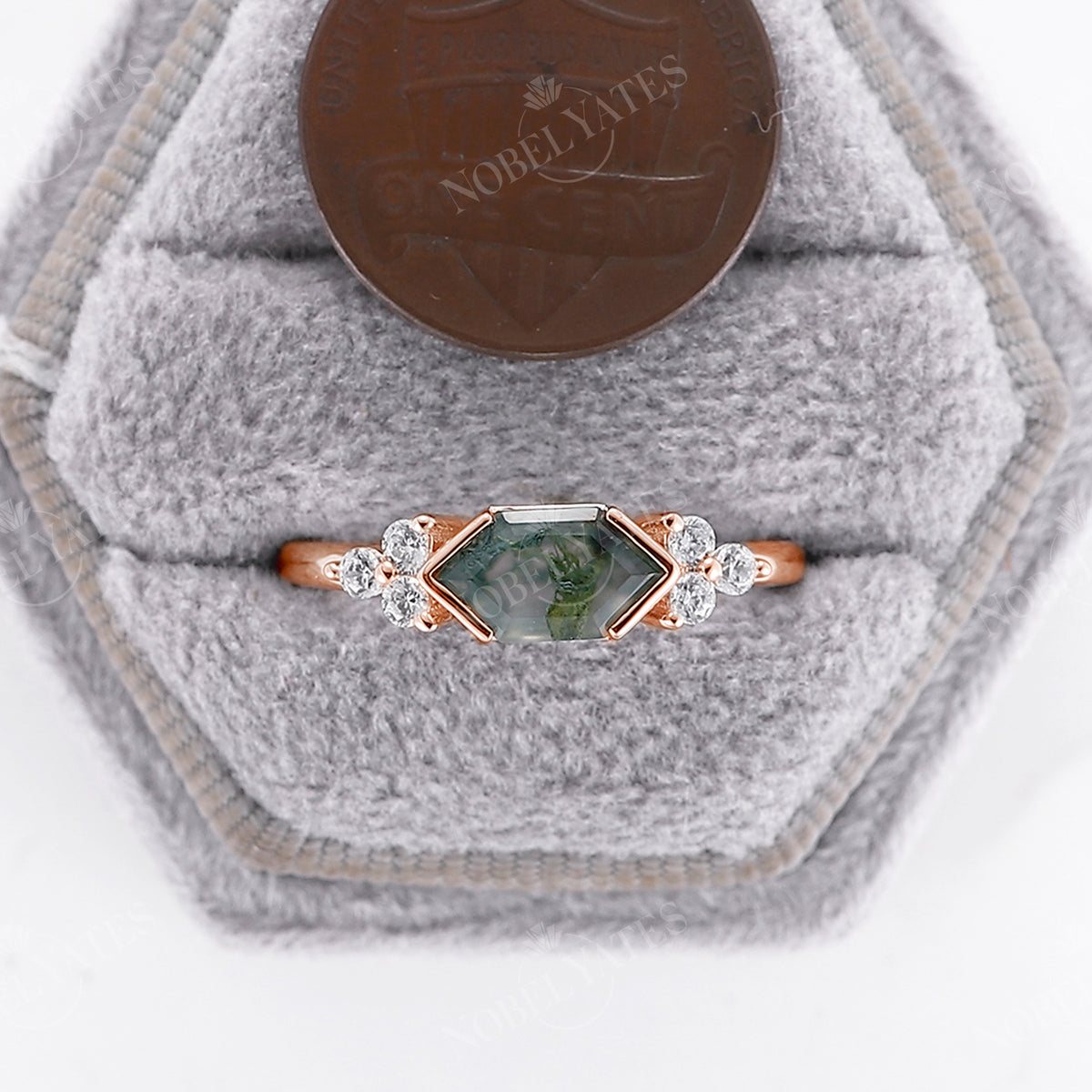 Hexagon Moss Agate Engagement Ring Cluster Side Stone