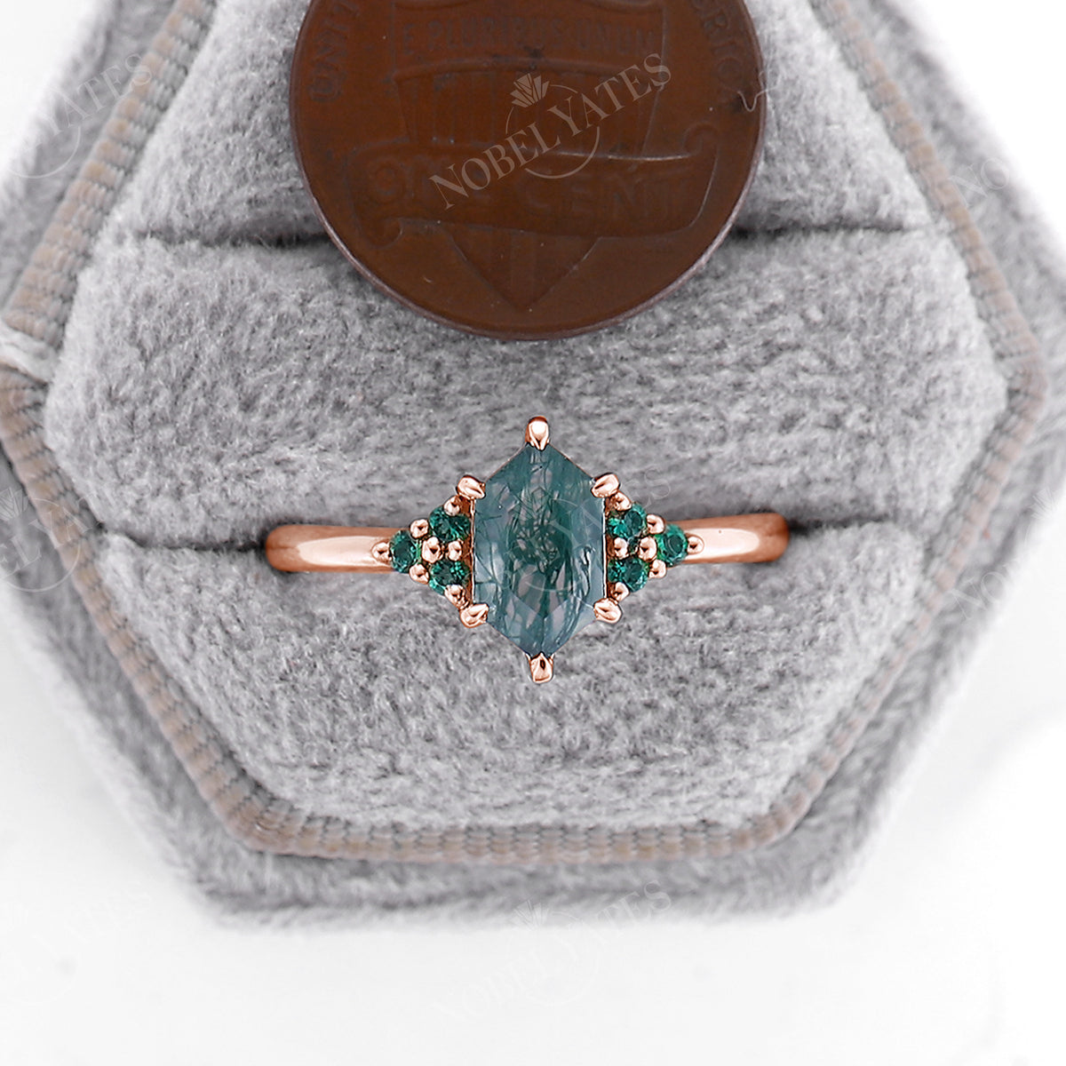 Moss Agate Hexagon Cut Emerald Cluster Engagement Ring