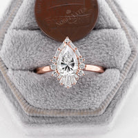 Pear Moissanite Engagement Ring Baguette Art deco Halo Rose Gold
