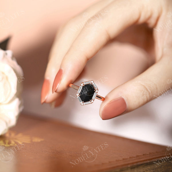 Art Deco Hexagon Rose Cut Black Onyx Claw Prong Set Engagement Ring
