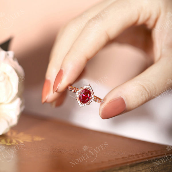 Vintage Halo Oval Ruby Engagement Ring Milgrain Band Rose Gold