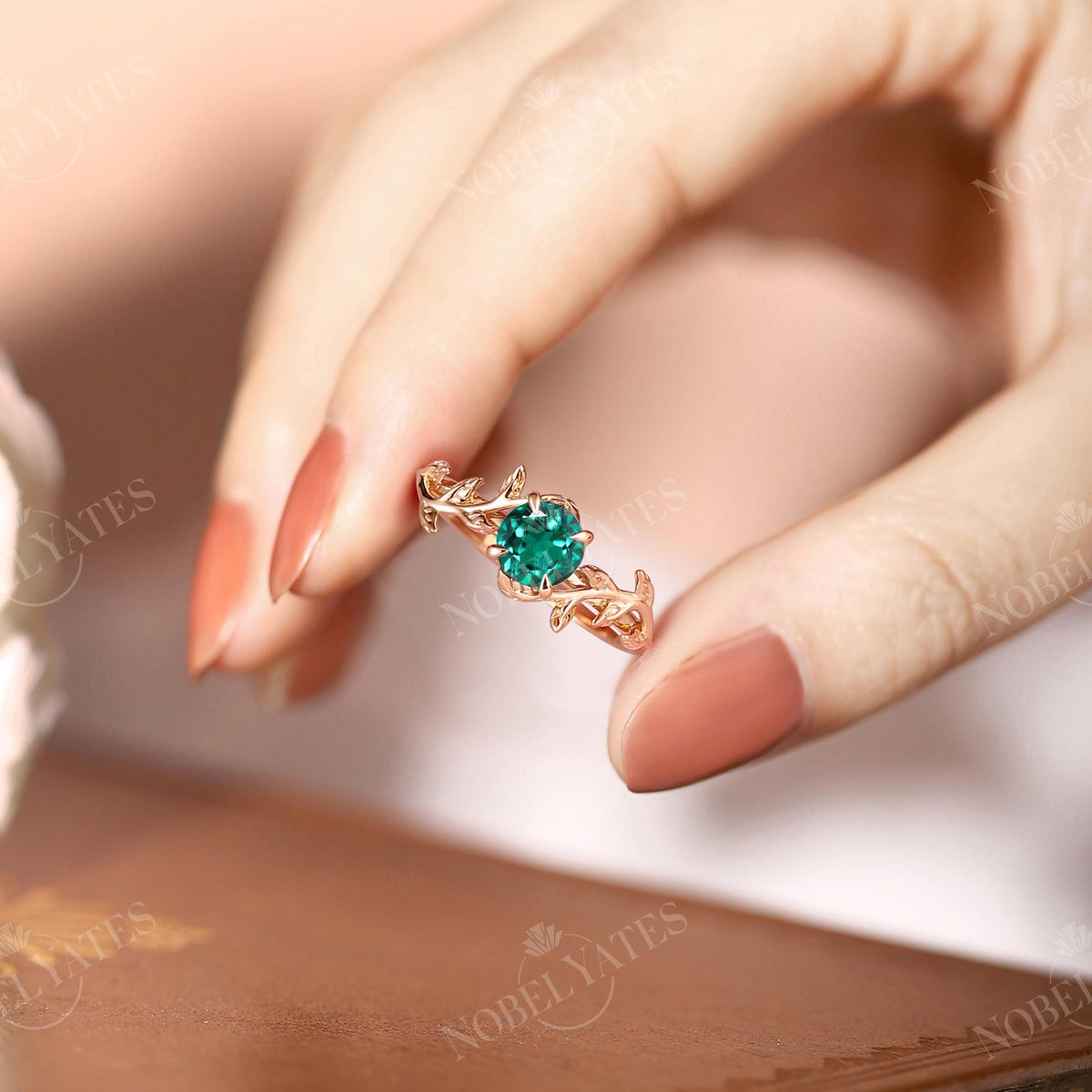 Leaf Design Round Emerald Engagement Ring Yellow Gold