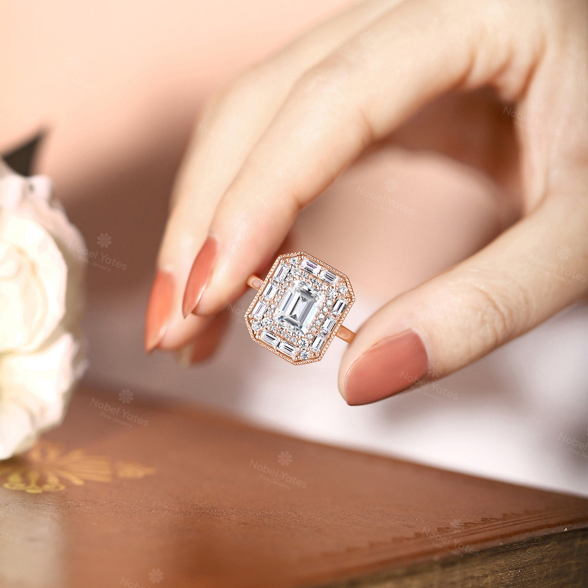 Art Deco Emerald Cut Engagement Baguette Halo Ring