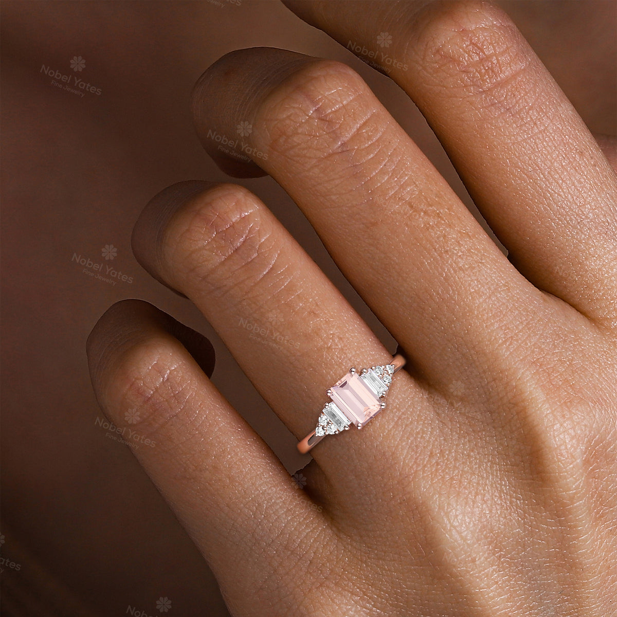 Emerald cut Pink Morganite Cluster Diamond Engagement Ring