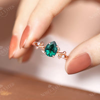 Pear Lab Emerald Leaf Design Diamond Engagement Ring Yellow Gold