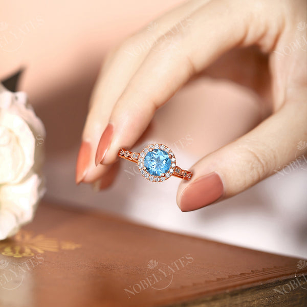 Vintage Swiss Blue Topaz Round Halo Engagement Ring Side Stone Rose Gold