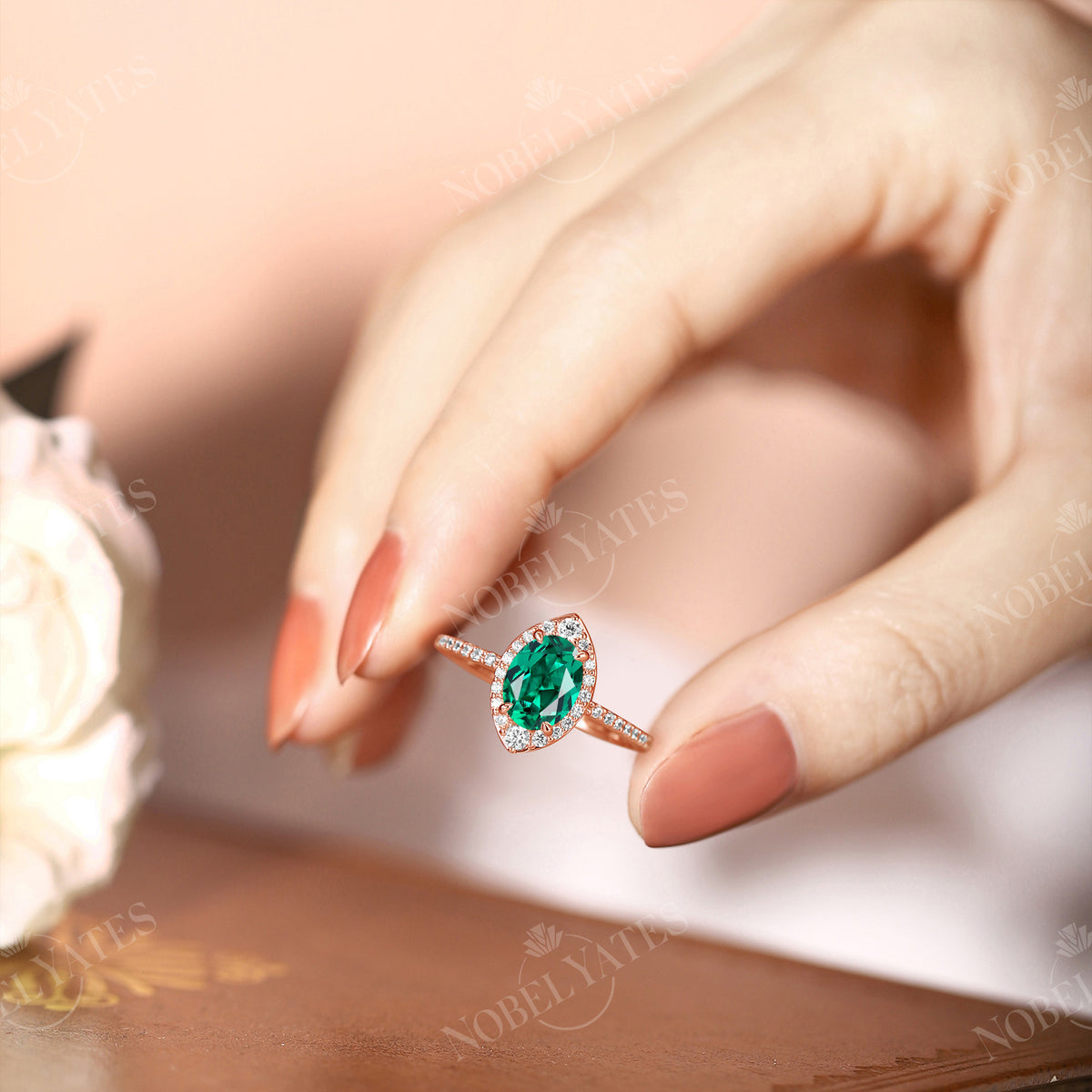 Lab Emerald Yellow Gold Engagement Ring Moissanite Halo Pave