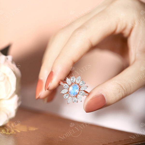 Blue Moonstone Engagement Ring Unique Rose Cut Moissanite Halo Rose Gold
