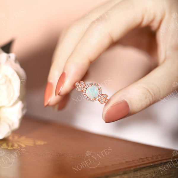 Round White Opal Halo Engagement Ring Diamond Rose Gold