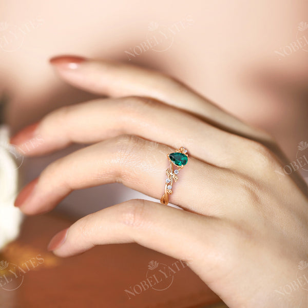 Nature Inspired Pear Lab Emerald Engagement Ring Leaf Design Rose Gold