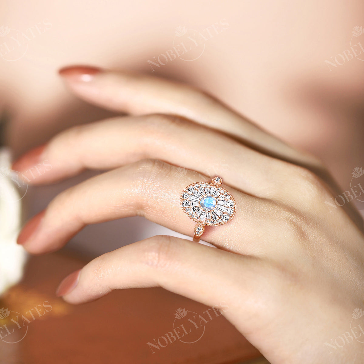 Art Deco Diamond Cluster Oval Moonstone Rose Gold Milgrain Engagement Ring