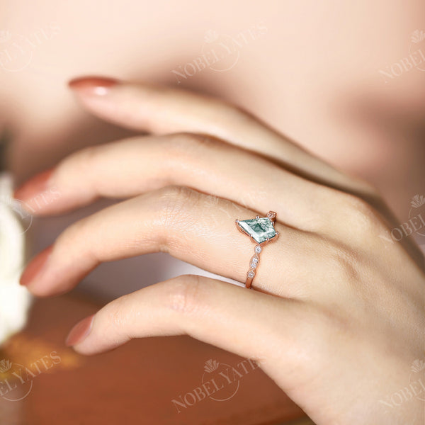 Vintage Moss Agate Kite Cut Milgrain Engagement Ring Rose Gold
