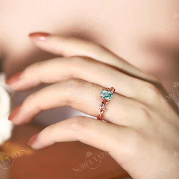 Nature inspired Oval Moss Agate Branch Engagement Ring Rose Gold
