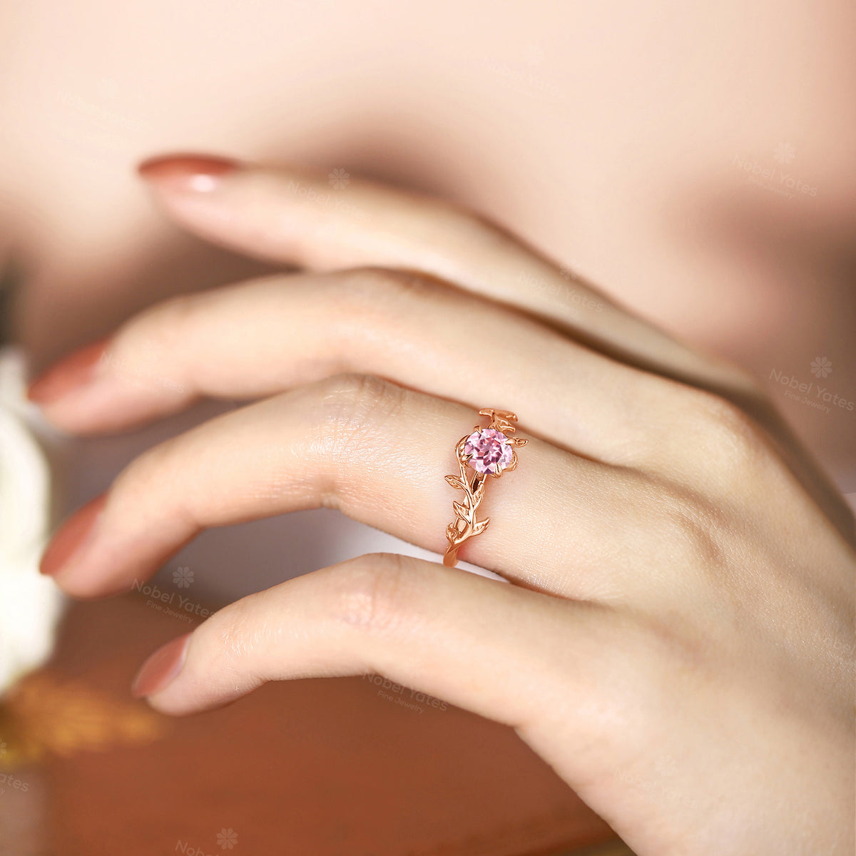 Lab Grown Padparadscha Nature Inspired Solitaire Engagement Ring Rose Gold