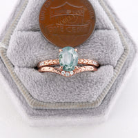 Nature Inspired Oval Moss Agate Engagement Ring Set Curved Leaf Matching Band