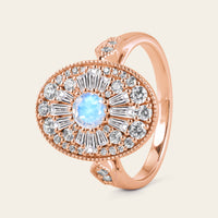 Art Deco Diamond Cluster Oval Moonstone Rose Gold Milgrain Engagement Ring